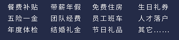 GA黄金甲员工福利：餐费津贴、五险一金、年度体检、带薪年假、团队经费、完婚礼金、免费住房、员工班车、节日礼物、生日礼券、人才落户、其它……